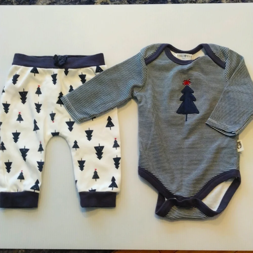 -Rabbit + Bear organic cotton newborn/premie onesie and pants Xmas tree outfit